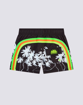 REPREVE® ELASTICATED WAIST SHORT SWIMSHORTS WITH BLACK PALM PRINT