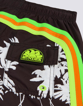 REPREVE® ELASTICATED WAIST SHORT SWIMSHORTS WITH BLACK PALM PRINT