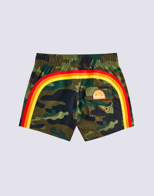 COSTUME DA BAGNO BAMBINO CORTO VITA ELASTICATA STAMPA CAMOU E ARCOBALENO