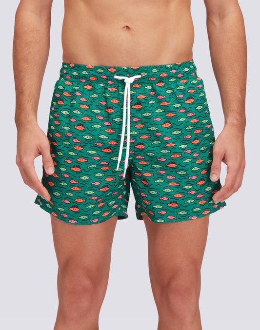 TRAJE DE BAÑO CORTO CON CINTURA ELÁSTICA Y ESTAMPADO FISHBALL DE POLIÉSTER RECICLADO