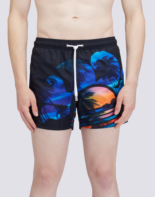 TRAJE DE BAÑO CORTO CON CINTURA ELÁSTICA Y ESTAMPADO BIG PALM DE POLIÉSTER RECICLADO