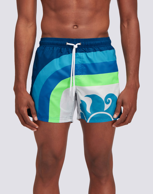 REPREVE® ELASTICATED WAIST SHORT SWIMSHORTS WITH SUN COLORS PRINT