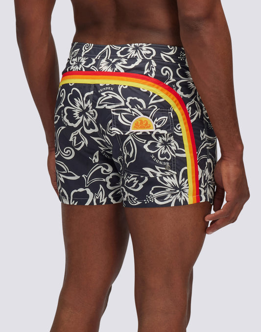 SHORT FIXED WAIST SWIMSHORTS ICONIC TAFFETA WITH VINTAGE PRINT HIBISCUS SK23
