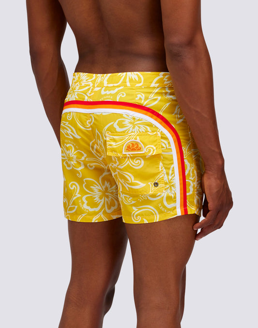 SHORT FIXED WAIST SWIMSHORTS ICONIC TAFFETA WITH VINTAGE PRINT HIBISCUS SK23