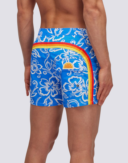 SHORT FIXED WAIST SWIMSHORTS ICONIC TAFFETA WITH VINTAGE PRINT HIBISCUS SK23