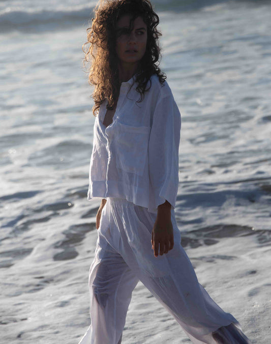 CHEMISE COURTE EN LIN AVEC MAXI POCHE