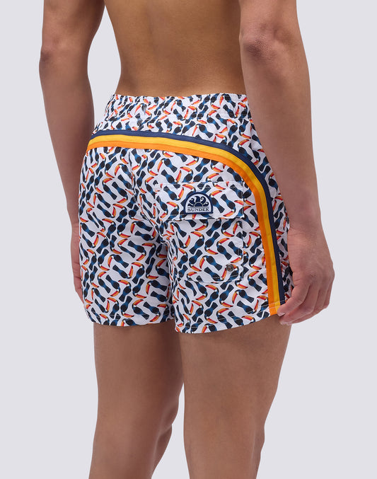 SHORT SWIMSUIT WITH ELASTIC WAIST AND MULTI TOUCAN PRINT