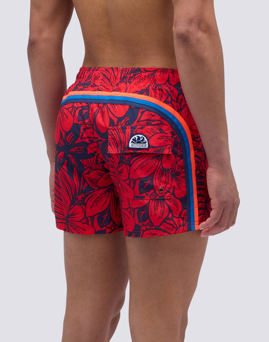 SHORT SWIMSUIT WITH ELASTIC WAIST AND RETRO FLOWER PRINT