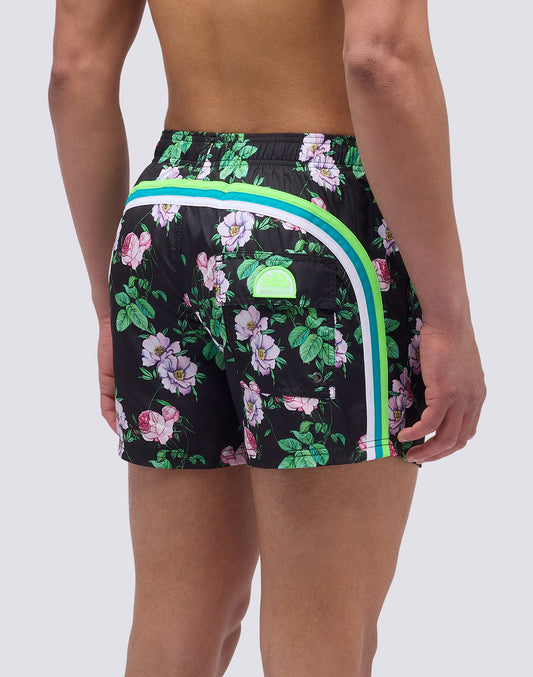 SHORT SWIMSUIT WITH ELASTIC WAIST AND SUN FLOWER PRINT