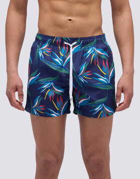 SHORT SWIMSUIT WITH ELASTIC WAIST IN RECYCLED POLYESTER WITH BIRD FLOWER PRINT