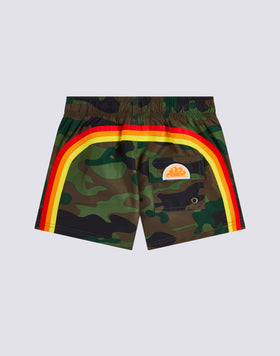 BOYS' SHORT SWIM SHORTS WITH ELASTIC WAIST AND CAMOUFLAGE PRINT WITH RAINBOW IN REPREVE® RECYCLED POLYESTER