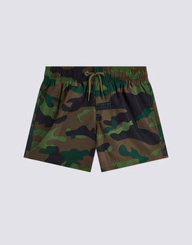 BOYS' SHORT SWIM SHORTS WITH ELASTIC WAIST AND CAMOUFLAGE PRINT WITH RAINBOW IN REPREVE® RECYCLED POLYESTER