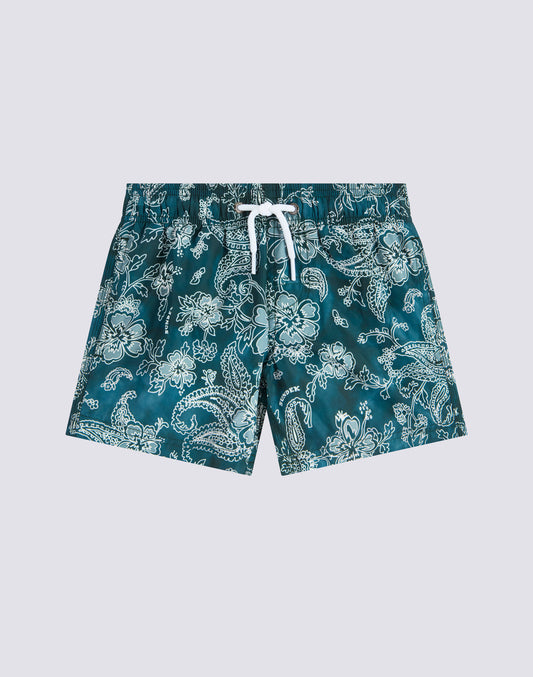 SHORT SWIMSHORTS WITH ELASTICATED WAIST AND HIBI PAISLEY PRINT IN RECYCLED POLYESTER