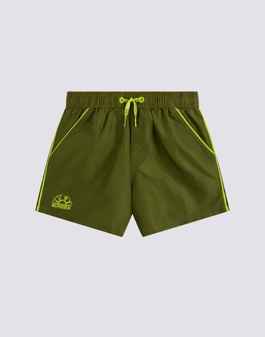 MAILLOT DE BAIN COURT EN TAFFETAS EMBLÉMATIQUE À TAILLE ÉLASTIQUE AVEC PASSEPOIL