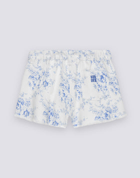 CHILDREN'S RAW-HEDGED SHORTS IN COTTON BULL WITH ROSE DE JOIE PRINT