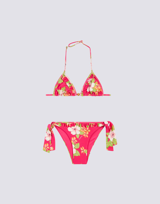 MINI BIKINI WITH RUFFLES AND LACE-UP BRIEFS IN DREAMY HAWAII PRINT