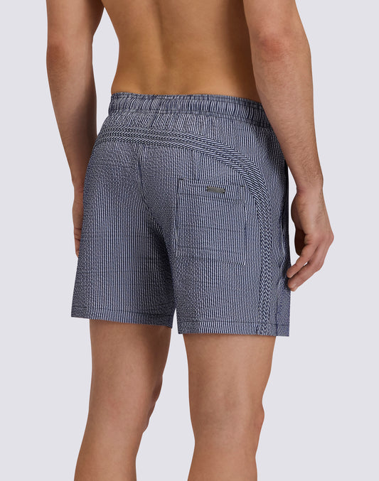 BAÑADOR DE LARGO MEDIO PARA HOMBRE CON CINTURA ELÁSTICA GOLDENWAVE EN TINTO FILO A RIGHE