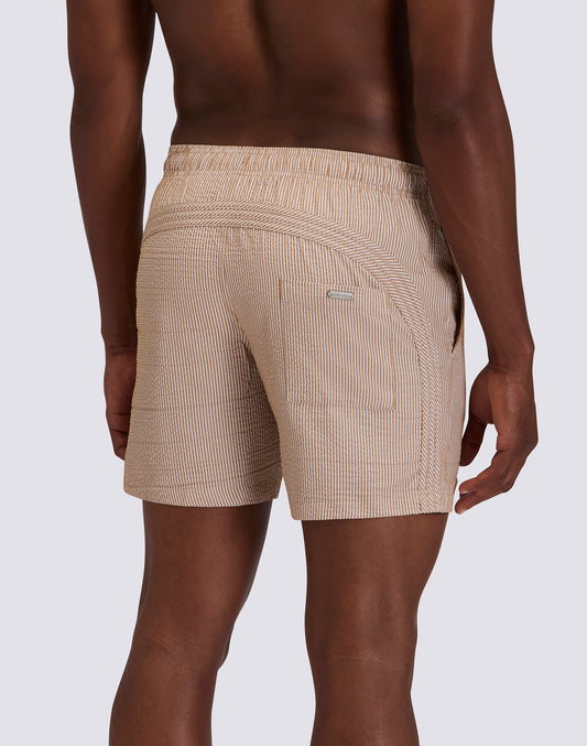 BAÑADOR DE LARGO MEDIO PARA HOMBRE CON CINTURA ELÁSTICA GOLDENWAVE EN TINTO FILO A RIGHE