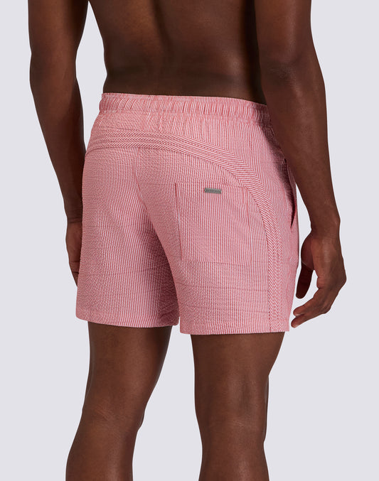 BAÑADOR DE LARGO MEDIO PARA HOMBRE CON CINTURA ELÁSTICA GOLDENWAVE EN TINTO FILO A RIGHE