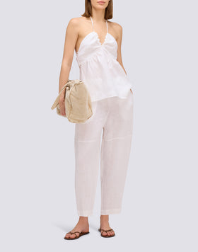 LINEN LONG TROUSERS WITH ADJUSTABLE ELASTICATED WAISTBAND
