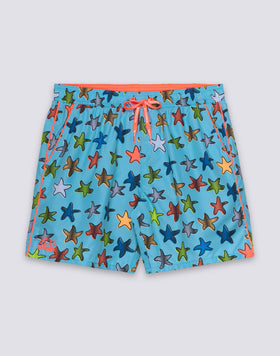 MEN'S MID-LENGTH SWIMSHORTS WITH ELASTIC WAIST AND HAPPY STAR PRINT IN REPREVE® RECYCLED POLYESTER
