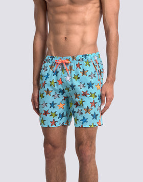 COSTUME DA BAGNO UOMO LUNGHEZZA MEDIA VITA ELASTICATA STAMPA HAPPY STAR IN POLIESTERE RICICLATO REPREVE®
