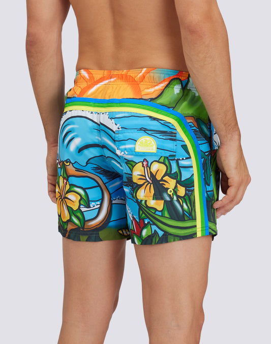 REPREVE® ELASTICATED WAIST SHORT SWIMSHORTS WITH POP 2D PRINT