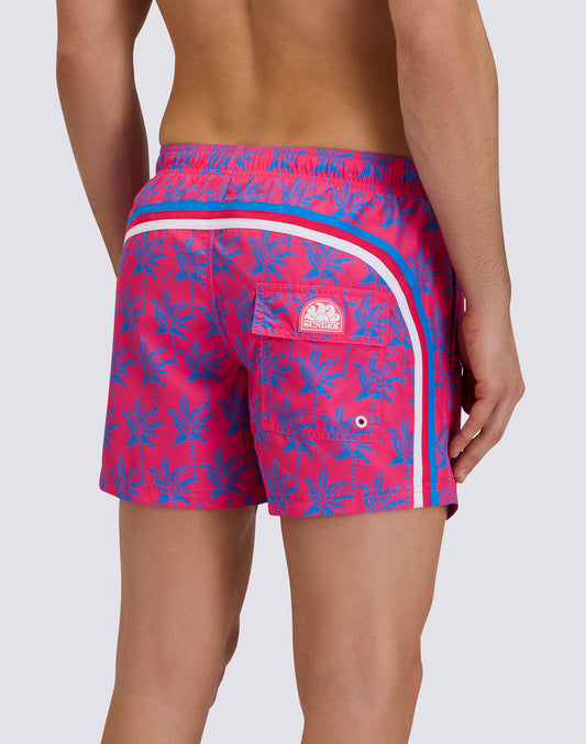 SHORT SWIMSHORTS WITH ELASTIC WAISTBAND IN REPREVE® RECYCLED POLYESTER WITH ABSTRAPALM PRINT