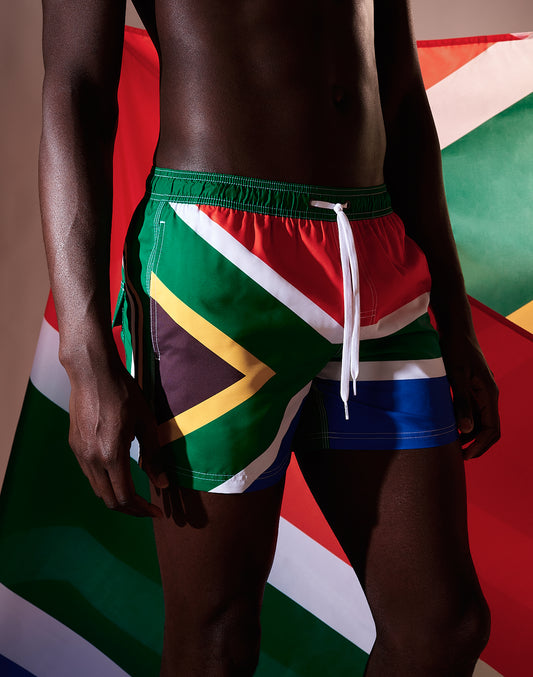 MAILLOT DE BAIN TAILLE COURTE ÉLASTIQUE POLYESTER RECYCLÉ REPREVE® DRAPEAU DE L'AFRIQUE DU SUD