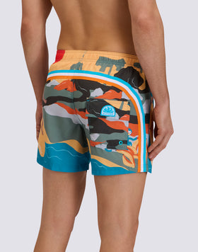 SHORT SWIM SHORTS WITH ELASTIC WAISTBAND IN REPREVE® RECYCLED POLYESTER WITH SURFER GIRL PRINT