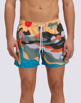 SHORT SWIM SHORTS WITH ELASTIC WAISTBAND IN REPREVE® RECYCLED POLYESTER WITH SURFER GIRL PRINT