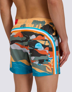 SHORT SWIM SHORTS WITH ELASTIC WAISTBAND IN REPREVE® RECYCLED POLYESTER WITH SURFER GIRL PRINT