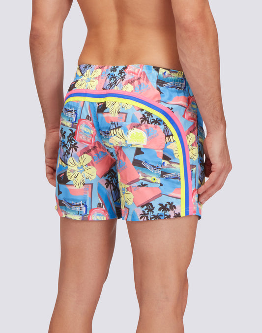 REPREVE® ELASTICATED WAIST SHORT SWIMSHORTS WITH GREETINGS FROM CALIFORNIA PRINT