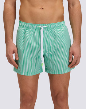 BAÑADOR CORTO DE CINTURA ELÁSTICA DE POLIÉSTER RECICLADO REPREVE® CON ESTAMPADO DE RAYAS JUICY Y BORDADO DE FRUTAS