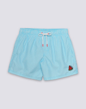 COSTUME DA BAGNO UOMO CORTO VITA ELASTICATA POLIESTERE RICICLATO REPREVE® CON STAMPA A RIGHE JUICY STRIPES CON RICAMO FRUTTA