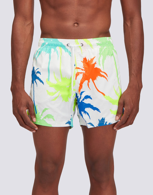 TRAJE DE BAÑO CORTO CON CINTURA ELÁSTICA Y ESTAMPADO MULTIPALM DE POLIÉSTER RECICLADO
