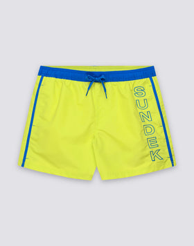MAILLOT DE BAIN COURT POUR HOMME AVEC TAILLE ÉLASTIQUE EN TAFFETAS EMBLÉMATIQUE AVEC LUNETTES CONTRASTÉES