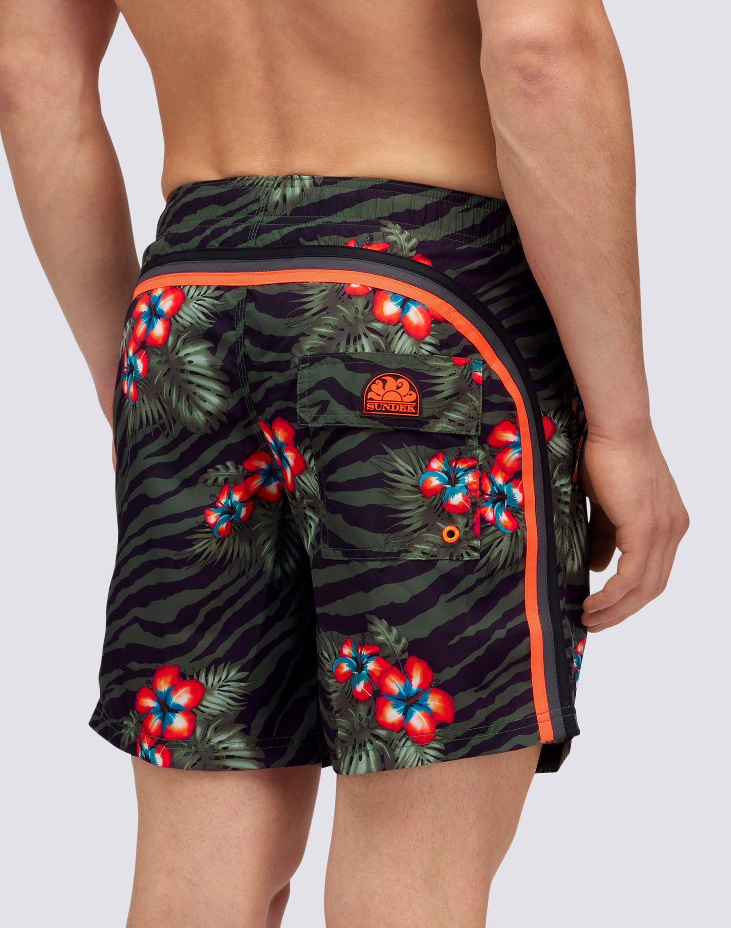 REPREVE® ELASTICATED WAIST MEDIUM SWIMSHORTS WITH JUNGLE HIBI PRINT