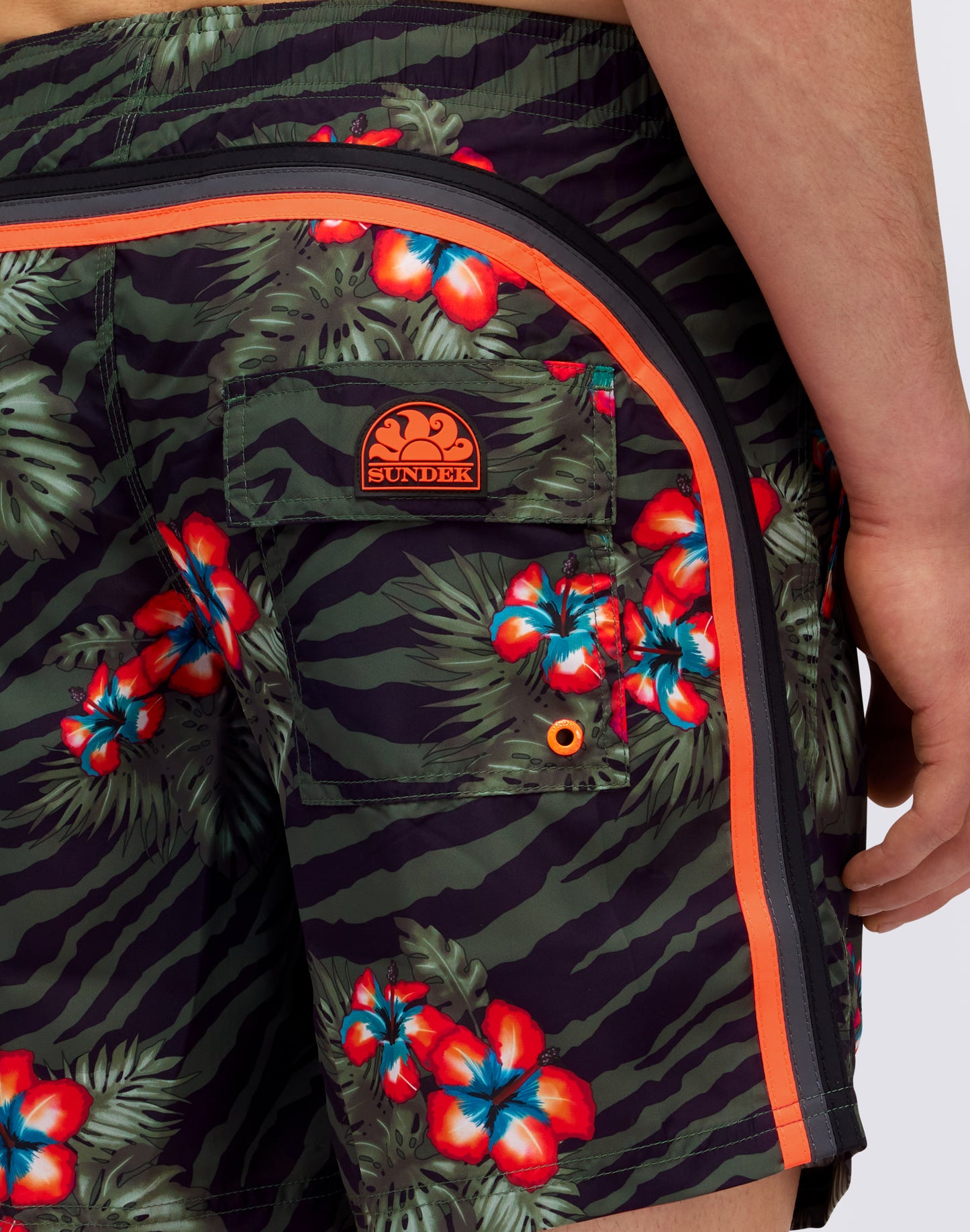 REPREVE® ELASTICATED WAIST MEDIUM SWIMSHORTS WITH JUNGLE HIBI PRINT