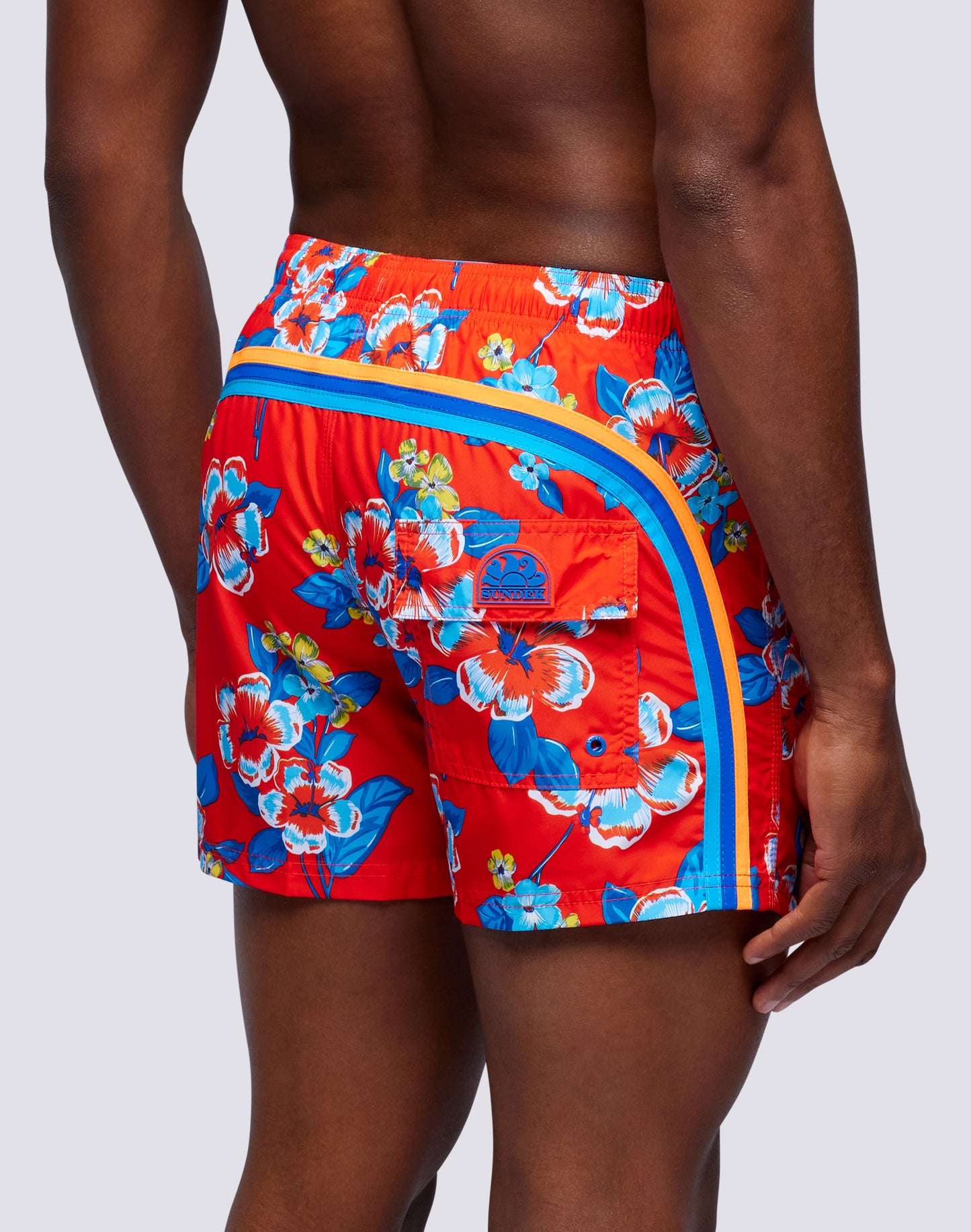 REPREVE® ELASTICATED WAIST SHORT SWIMSHORTS WITH HIBI PANSY PRINT