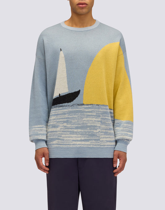 JERSEY DE CUELLO REDONDO PARA HOMBRE CON DISEÑO JACQUARD DE BARCO EN MEDIO DEL MAR