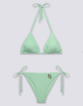 BIKINI DE MUJER CON TOP TRAINGULAR Y BRAGUITA DE TIRANTES CON BORDADO DE FRUTAS