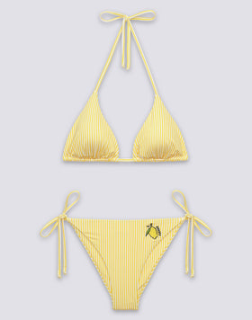 BIKINI DE MUJER CON TOP TRIANGULAR Y BRAGUITA DE TIRANTES CON BOARDADO DE FRUTAS