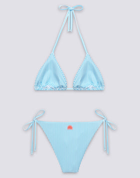 BIKINI DE MUJER CON TOP TRIANGULAR Y BRAGUITA DE TIRANTES CON BORDADO DE FRUTAS