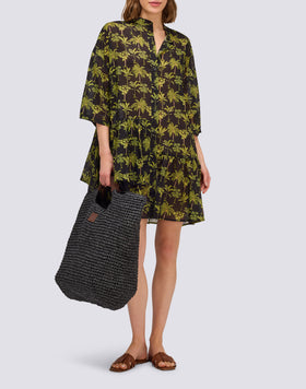 VESTIDO CORTO DE MUJER EN VOILE DE ALGODÓN CON ESTAMPADO BOTÁNICO