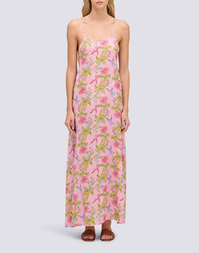 LONG SLEEVELESS WOMEN'S DRESS WITH SWEET PARROT PRINT