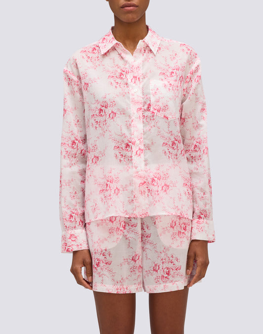 CHEMISE FEMME À MANCHES LONGUES EN VOILE DE COTON IMPRIMÉ ROSE DE JOIE