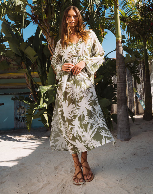 ABITO LUNGO IN COTONE VOILE CON STAMPA TROPIC SAVANA
