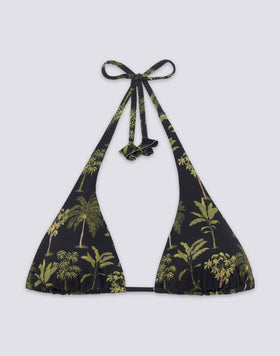 HAUT DE BIKINI TRIANGLE AMÉRICAIN AVEC POMPONS ET MOTIF BOTANIQUE