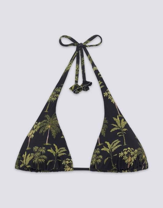 HAUT DE BIKINI TRIANGLE AMÉRICAIN AVEC POMPONS ET MOTIF BOTANIQUE